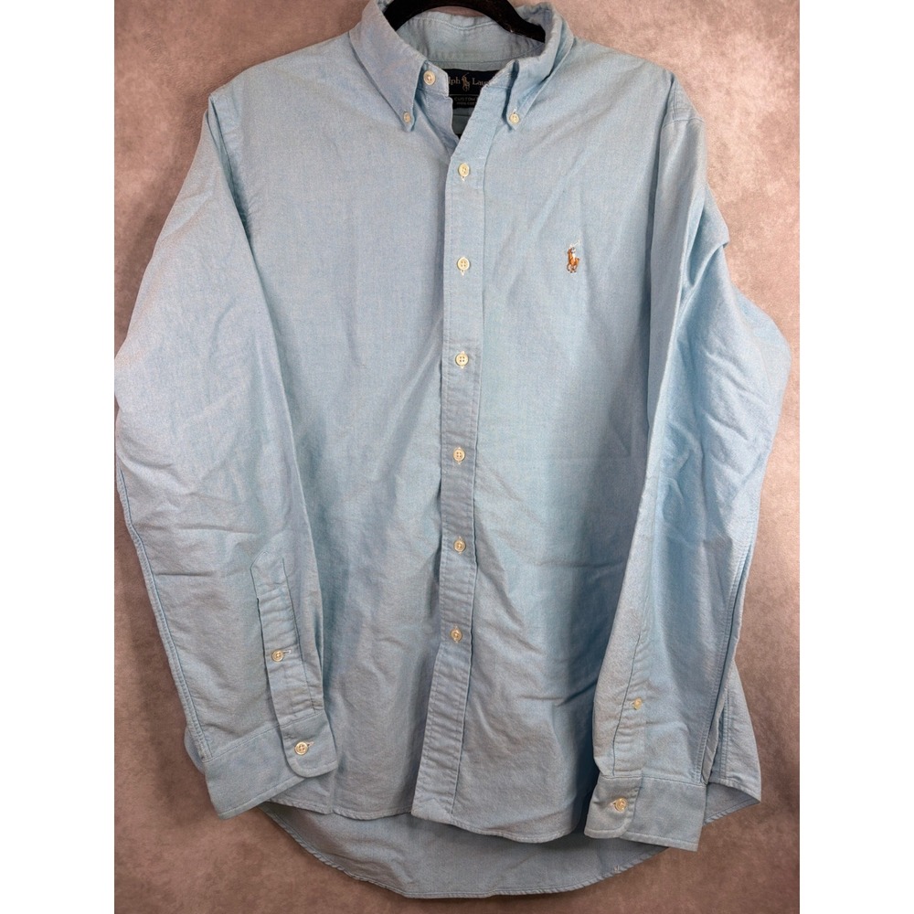 Polo Ralph Lauren Button Down Men Large Light Blue Custom Fit Oxford Pony Logo